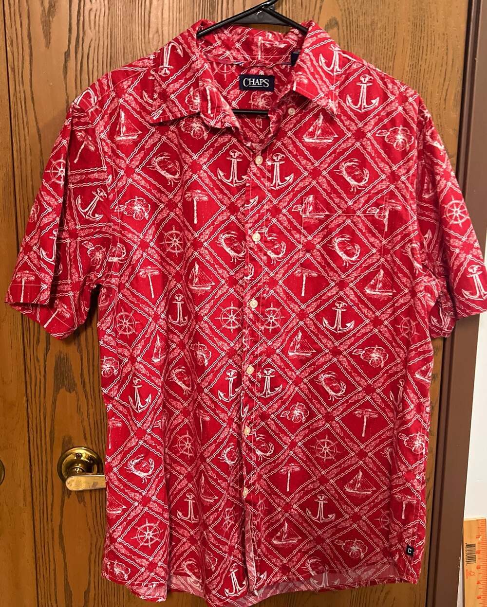 Chaps Men's Nautical Print Short Sleeve Button-Down Shirt Red Size Large